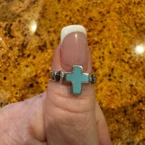 Silver and Turquoise Reversible Cross Ring